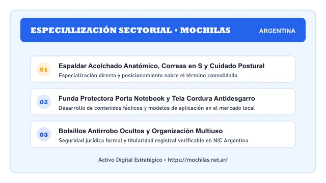Pilares temáticos y especialización sectorial de Mochilas en Argentina